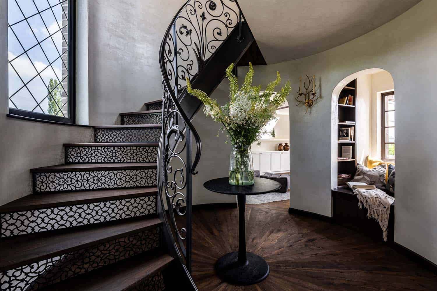 tudor style home staircase and window nook
