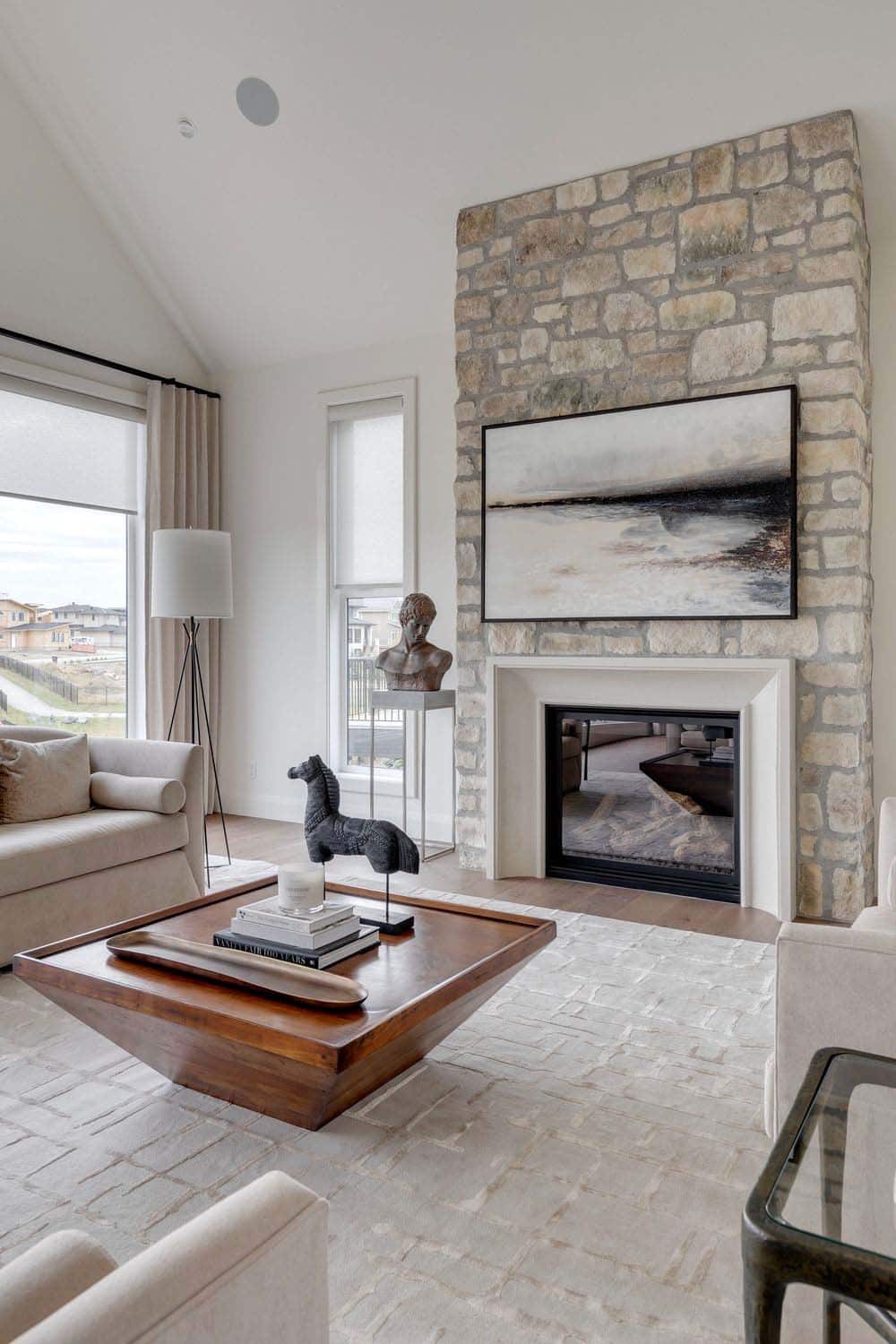 contemporary living room with a fireplace