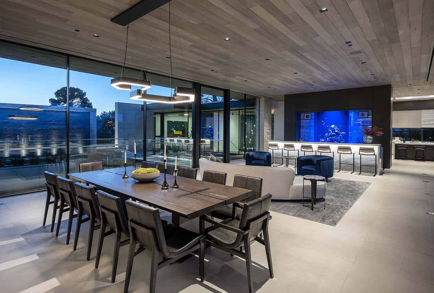 modern dining room looking towards the home bar