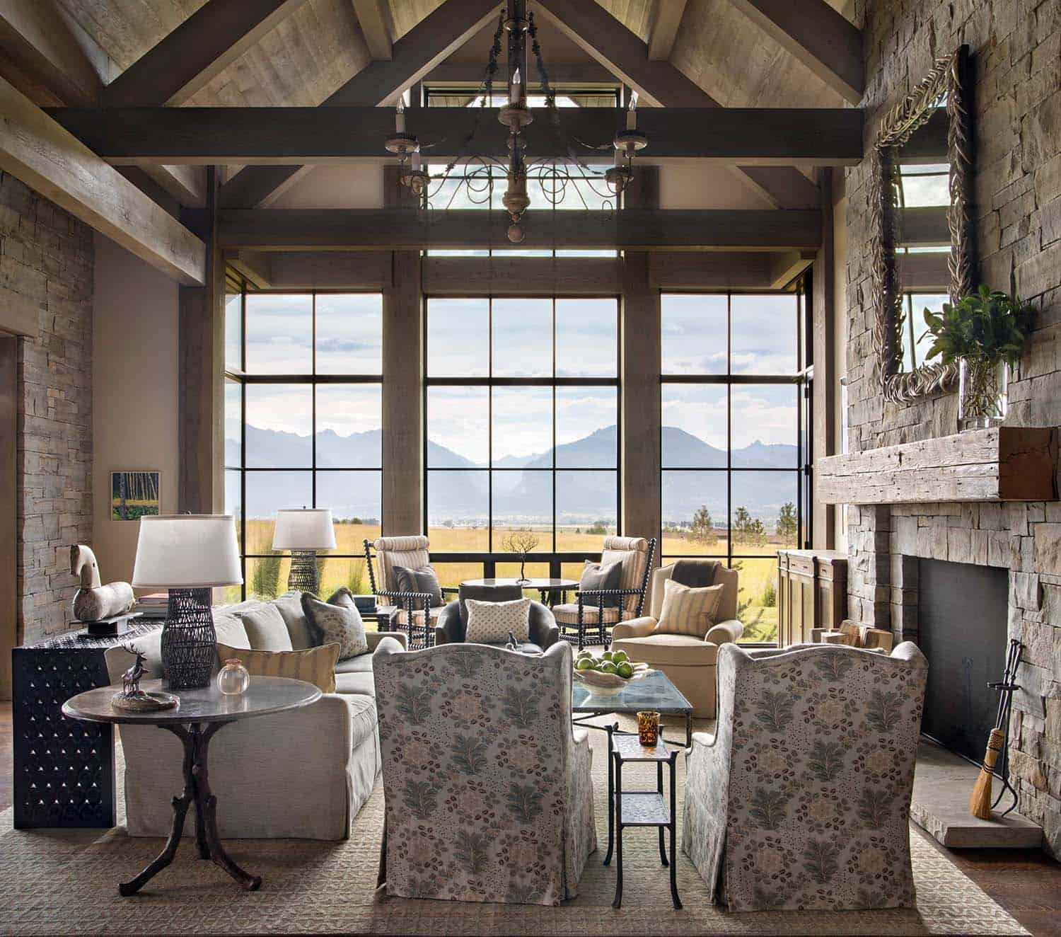 modern rustic living room with a large window