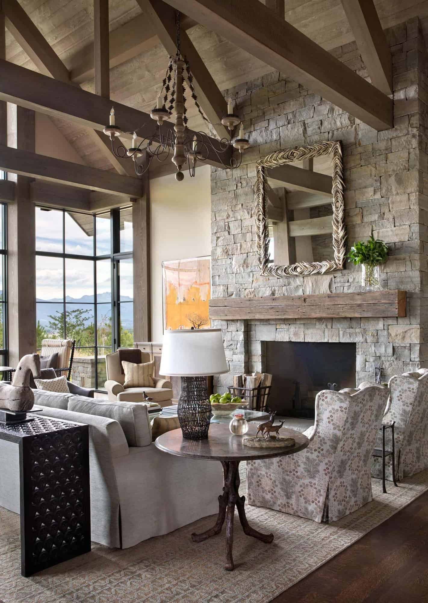 modern rustic living room with a stone fireplace