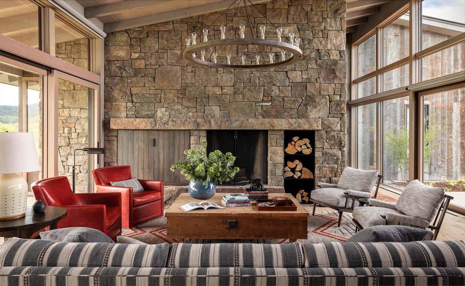 modern rustic living room with a fireplace and wood storage