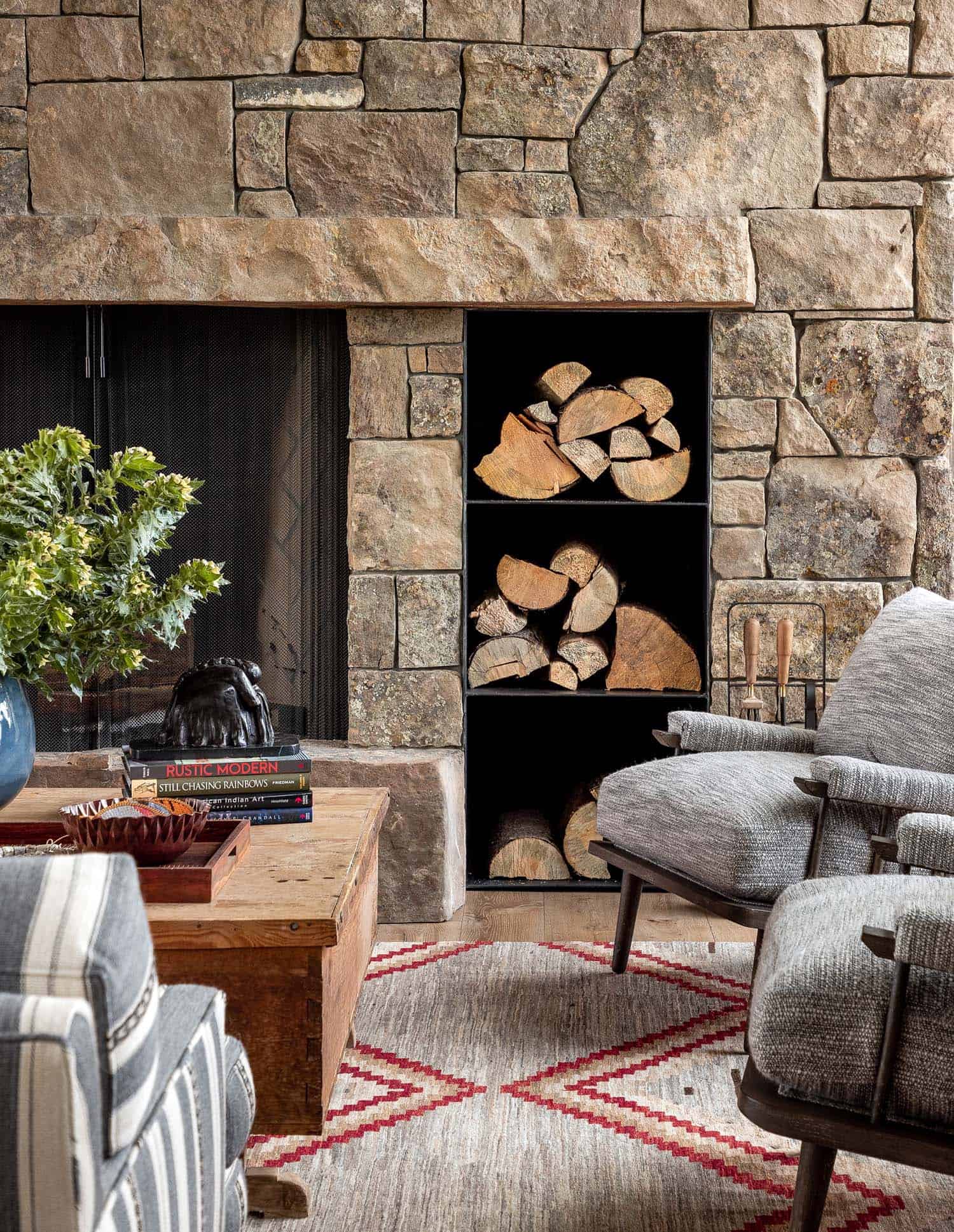 modern rustic living room with a fireplace and wood storage