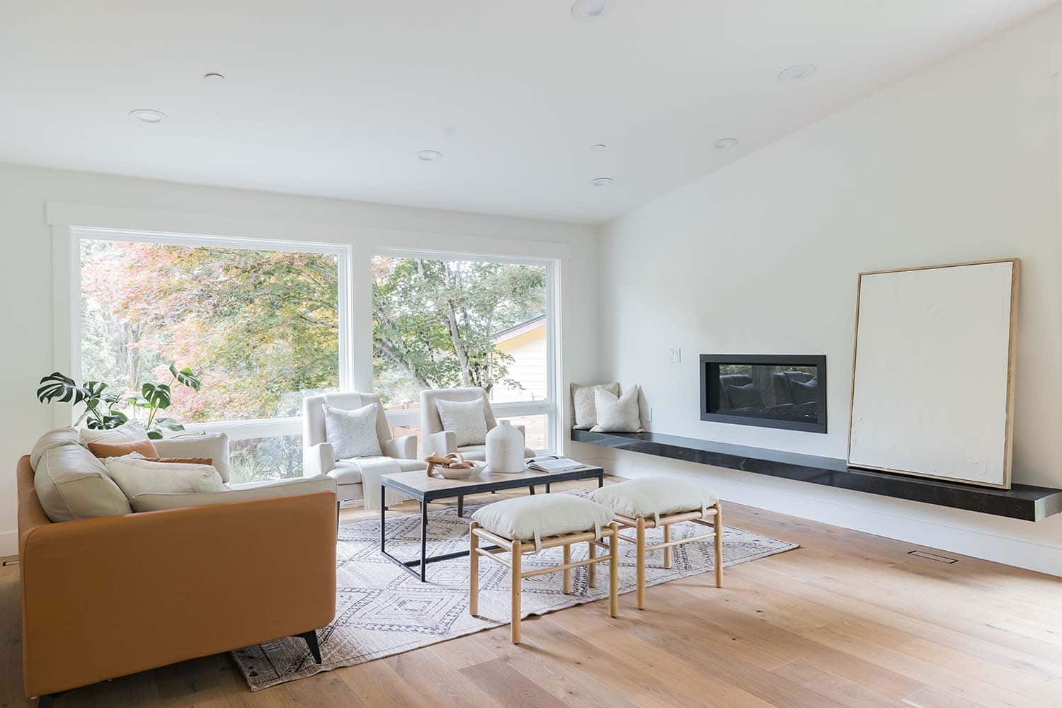 modern living room with a fireplace