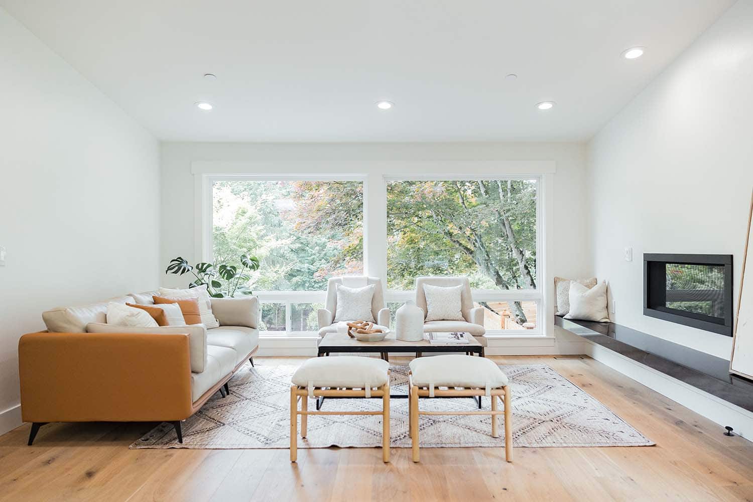 modern living room with a fireplace