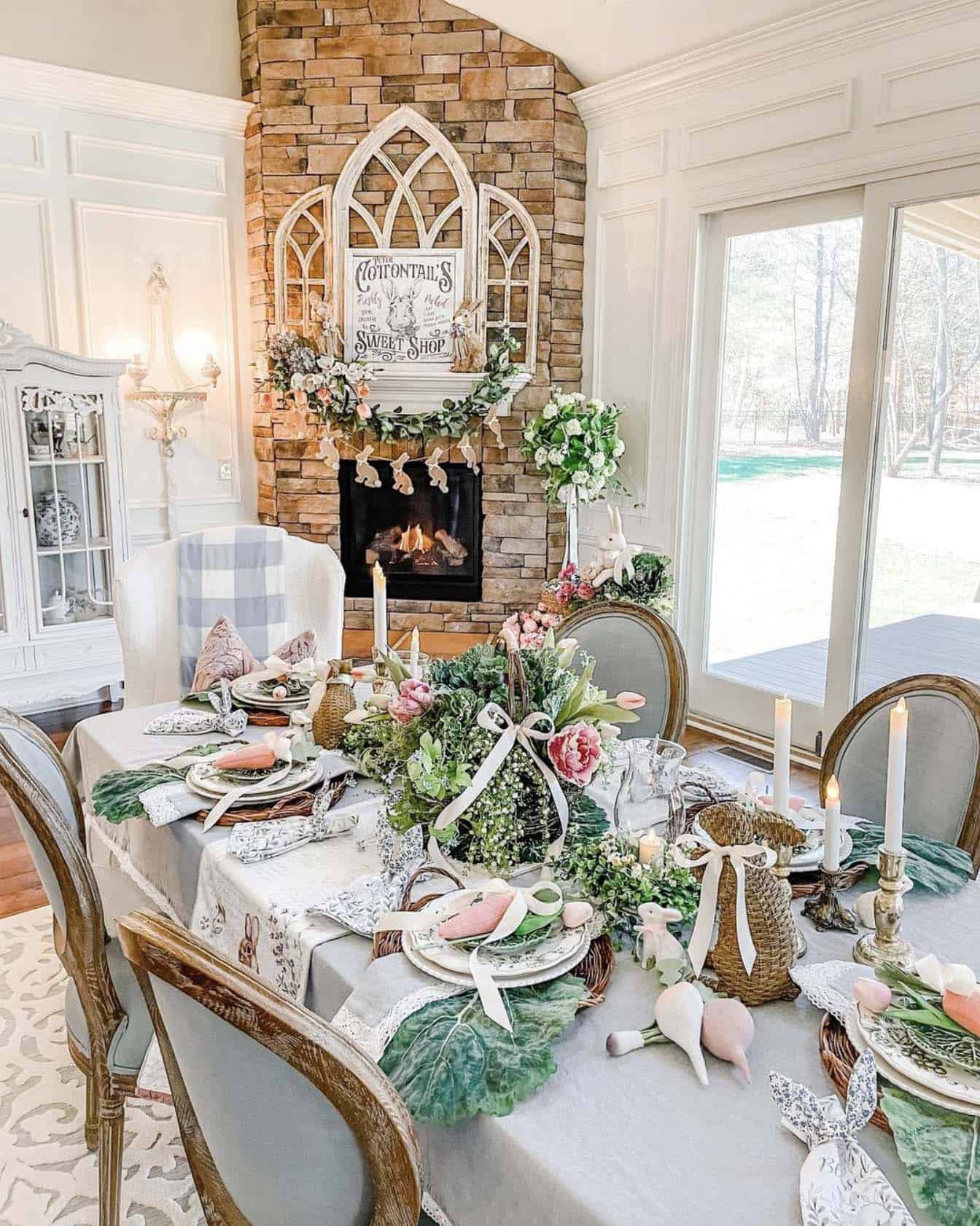 dining table decor with easter bunnies and carrots