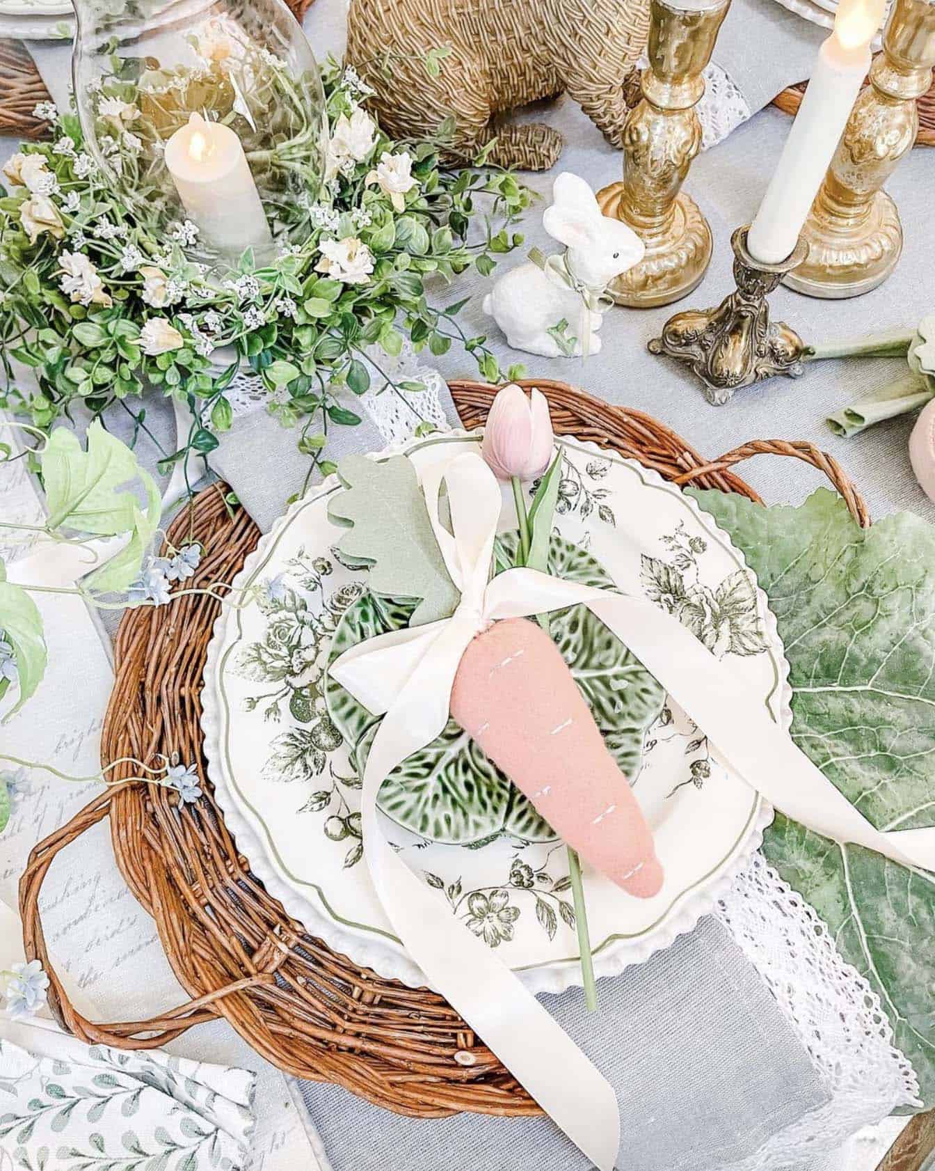 dining table place setting decorated with Easter accents