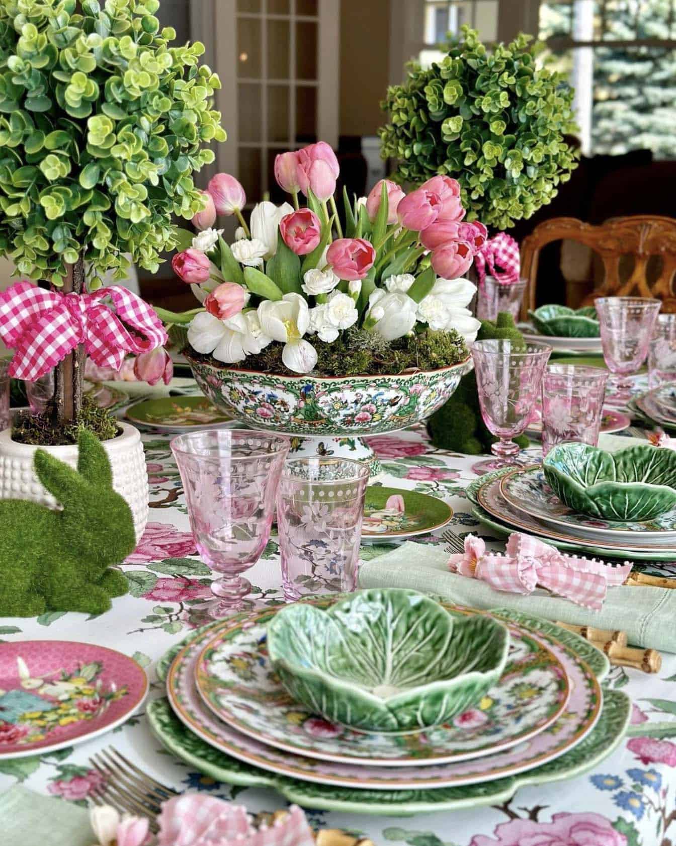 easter dining table with tulips centerpiece in a colorful bowl