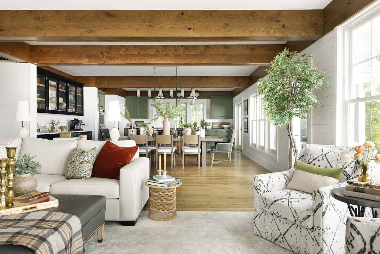 contemporary living room looking into the kitchen