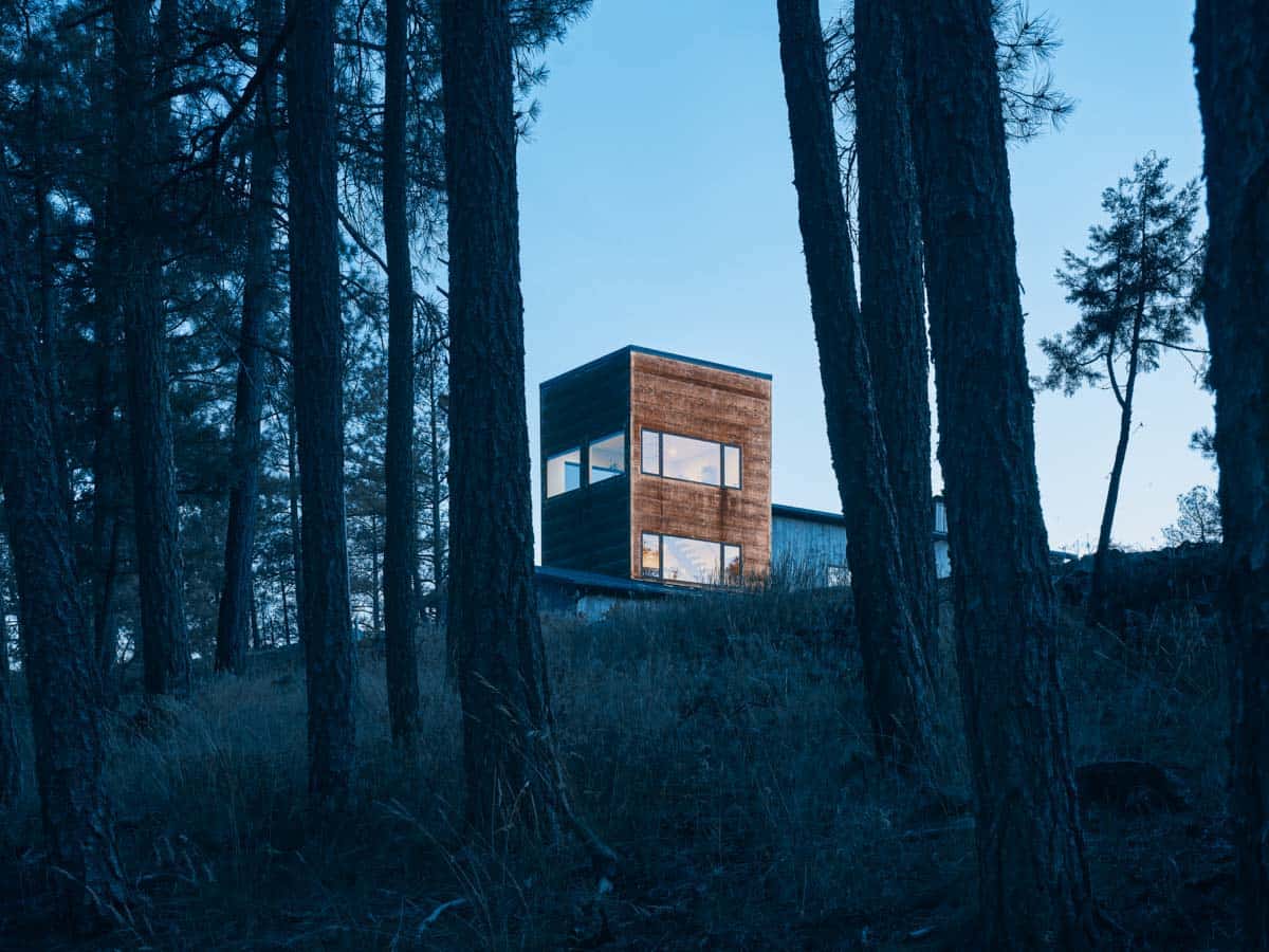 mountain modern house with a tower in a ponderosa forest at dusk