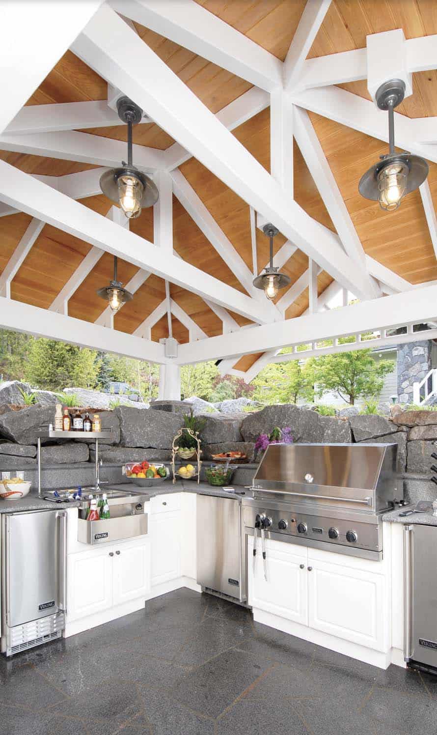 traditional covered patio with an outdoor kitchen and grill