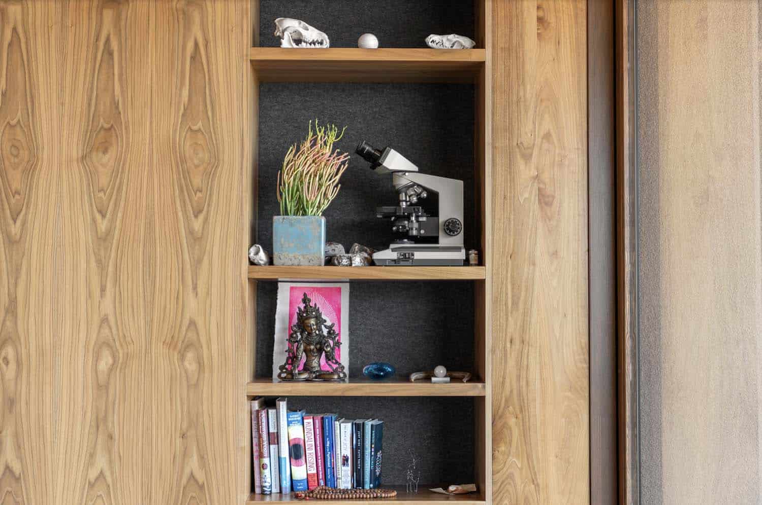 modern family room with a built-in cabinet