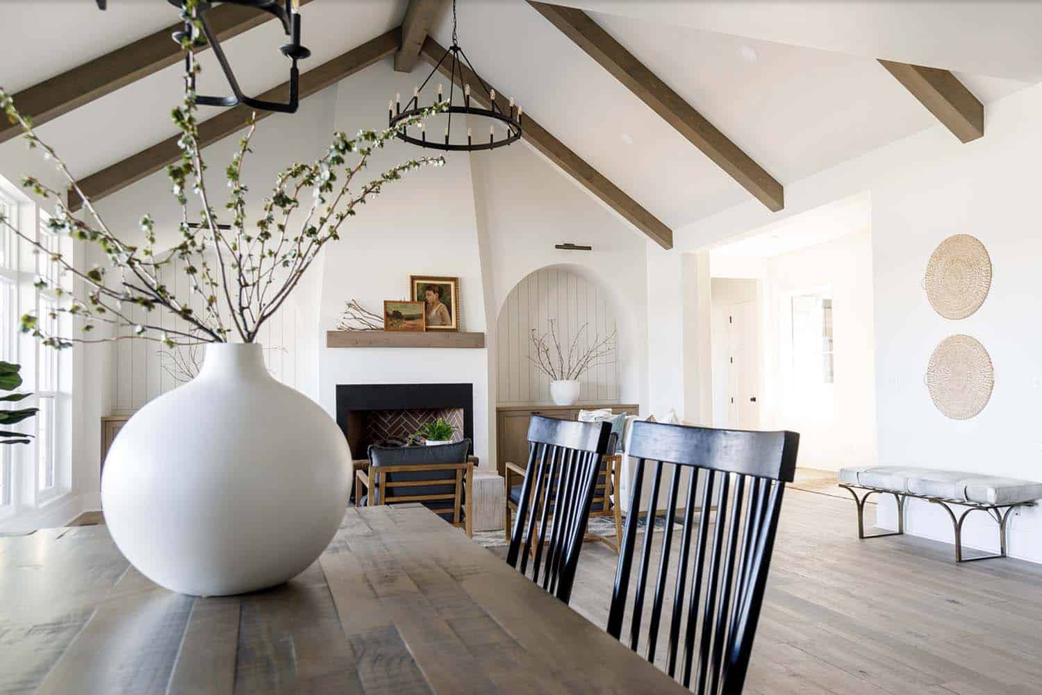 farmhouse style living room with a fireplace