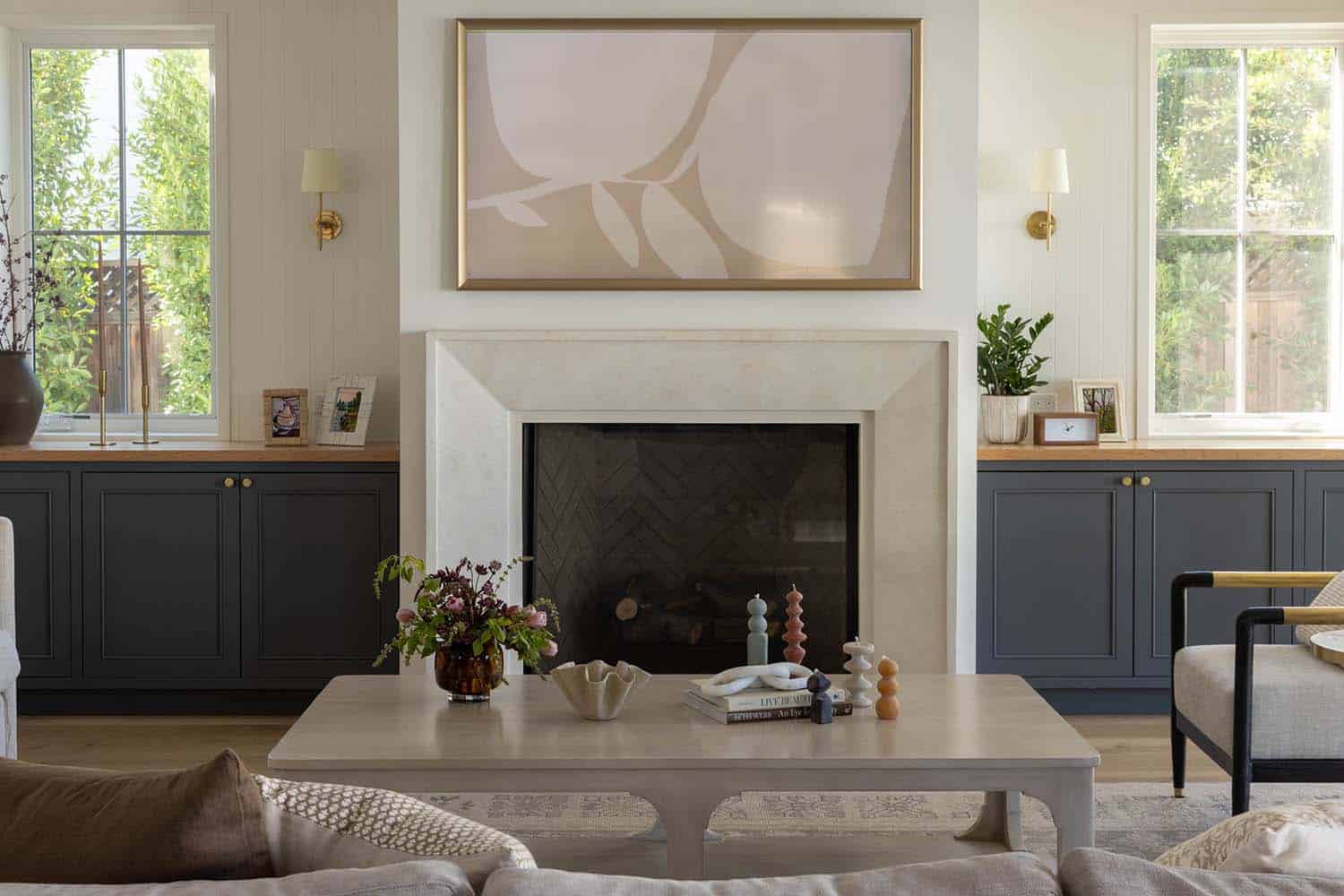 transitional style living room with a fireplace