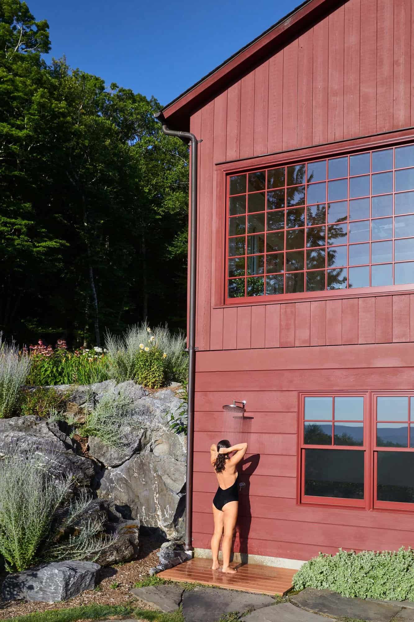 red barn exterior outdoor shower