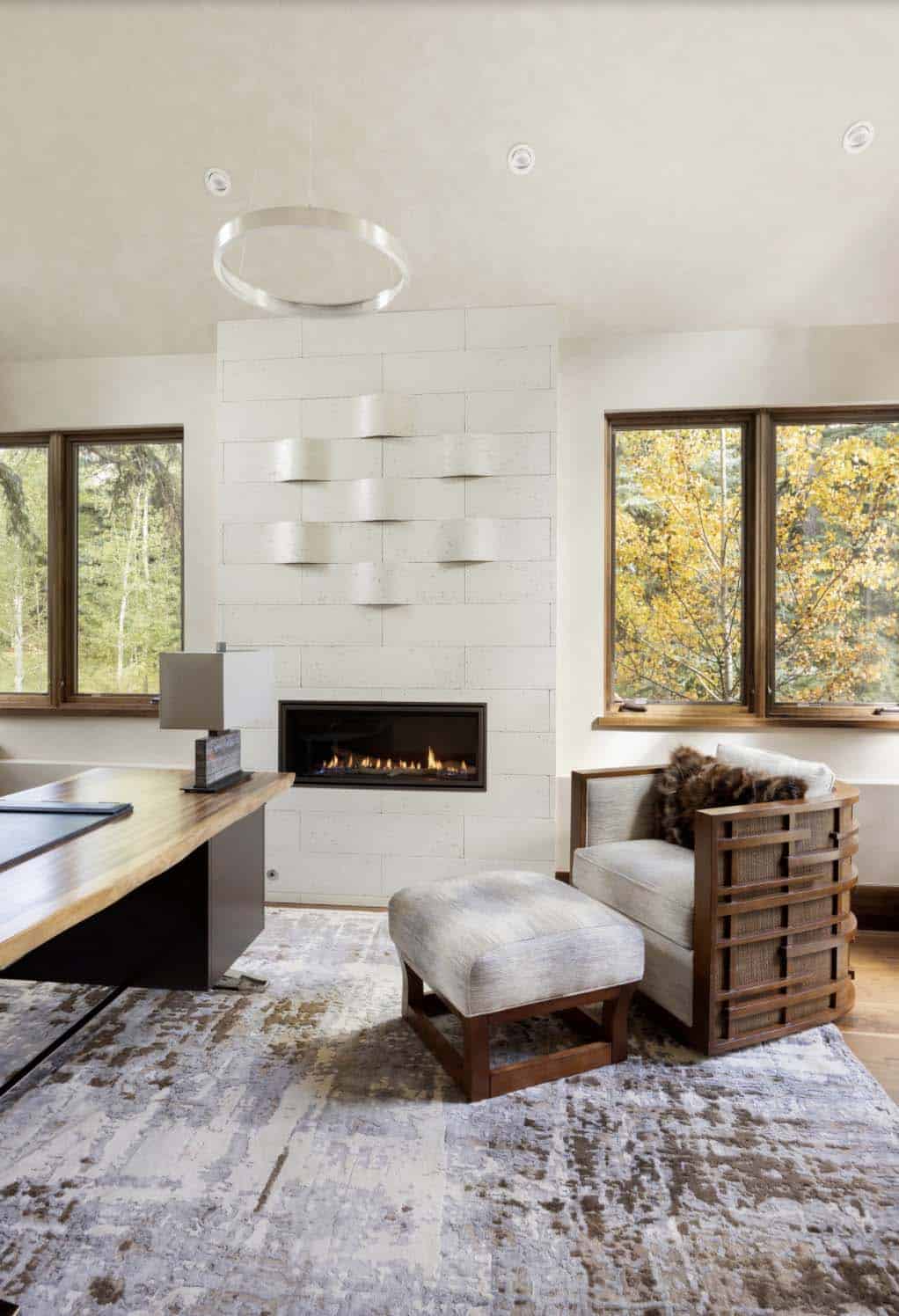 modern home office with a fireplace