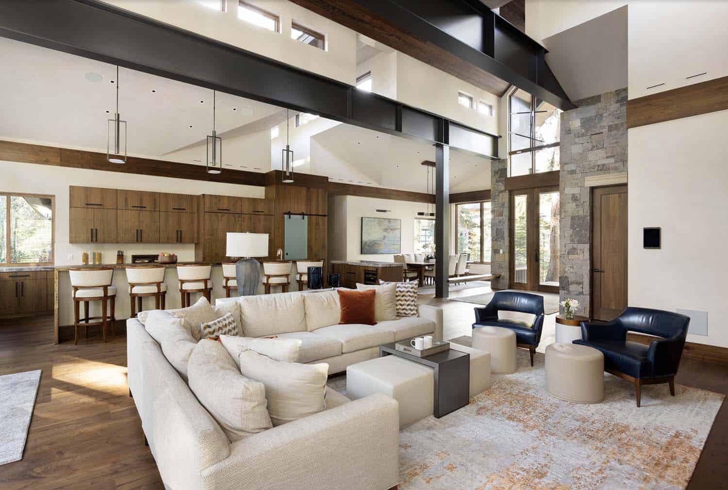 rustic modern living room with high ceilings