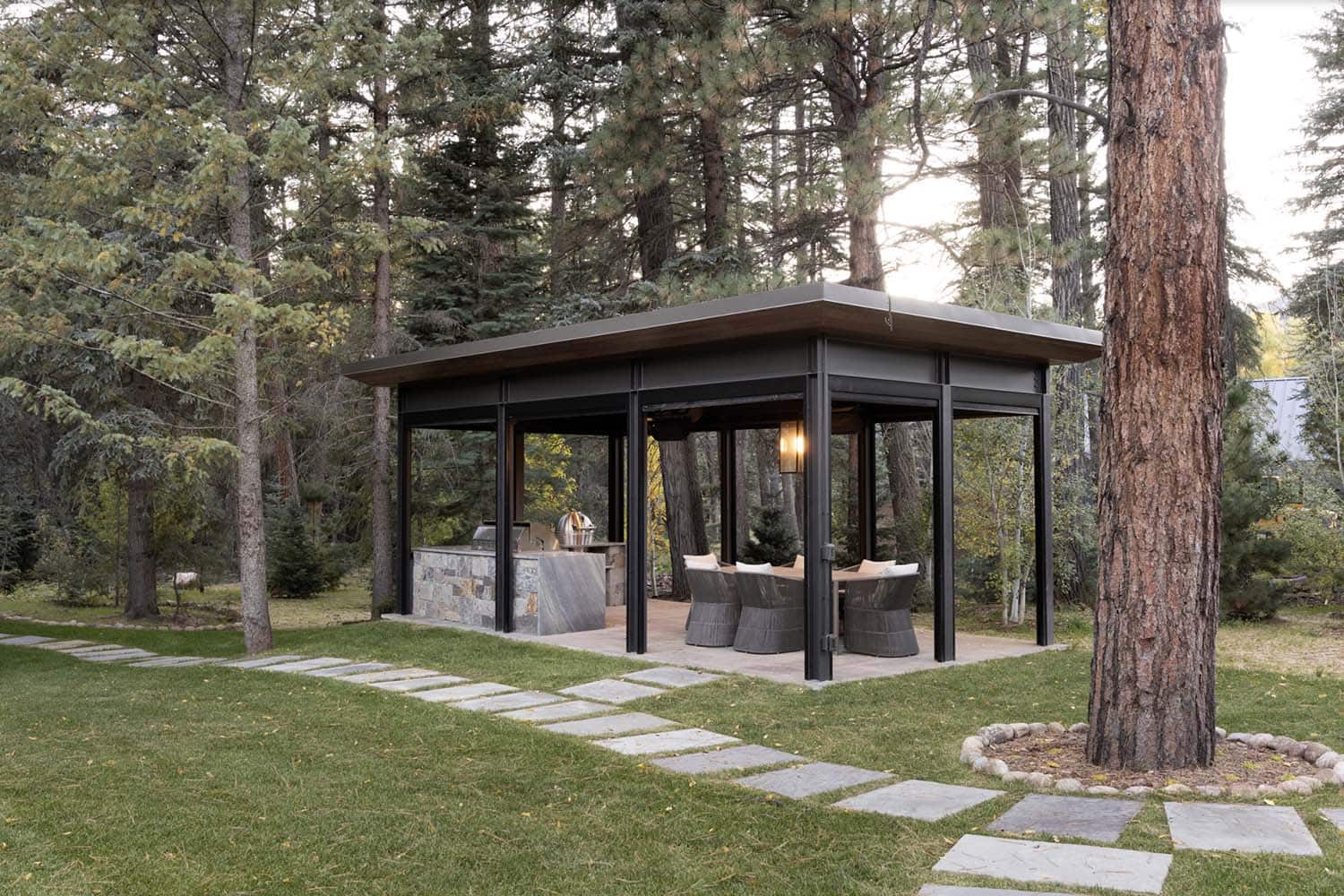 modern covered pavilion with outdoor furniture