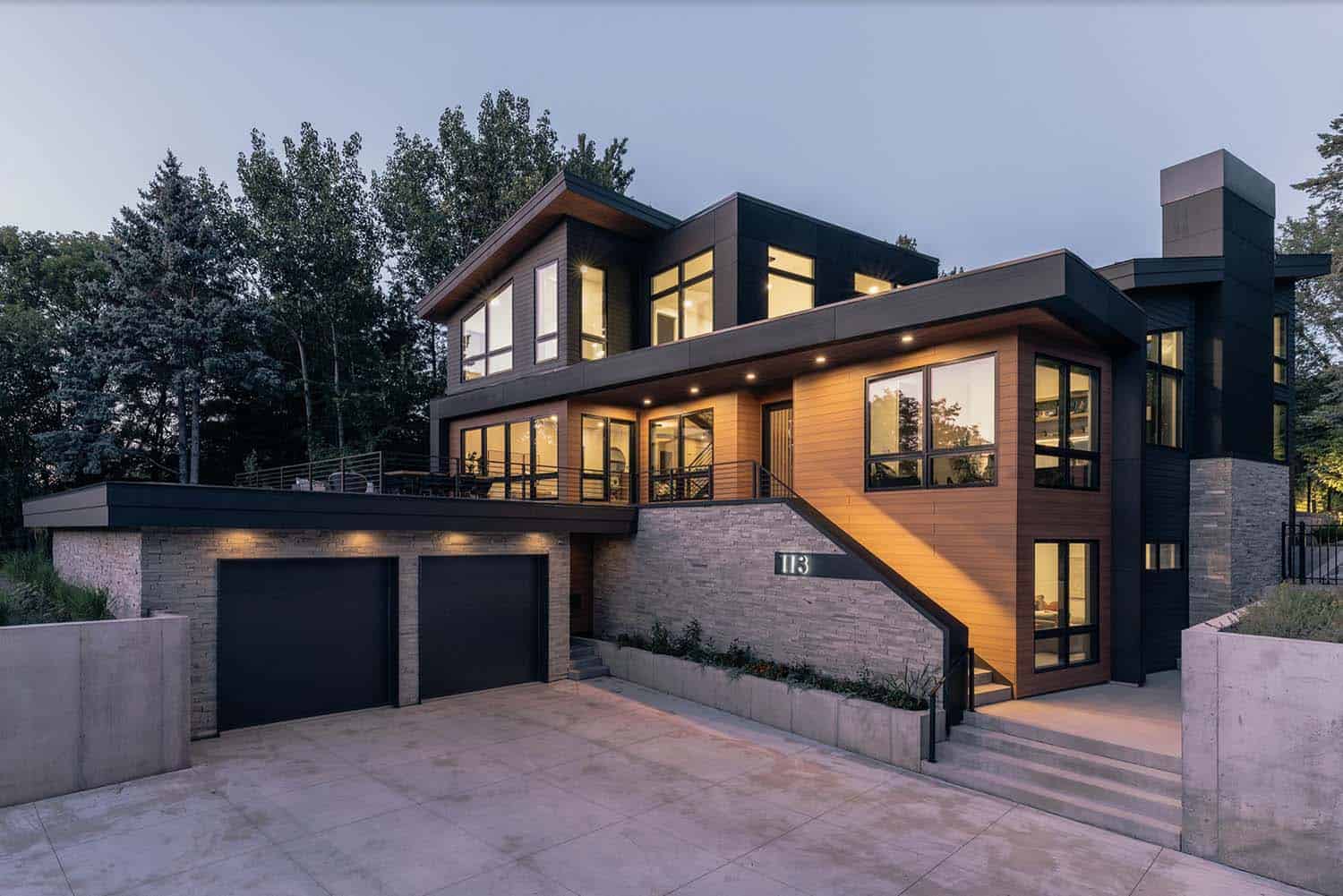 modern home exterior at dusk