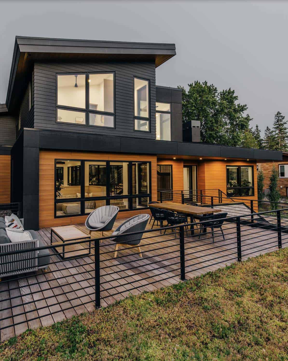 modern home exterior at dusk