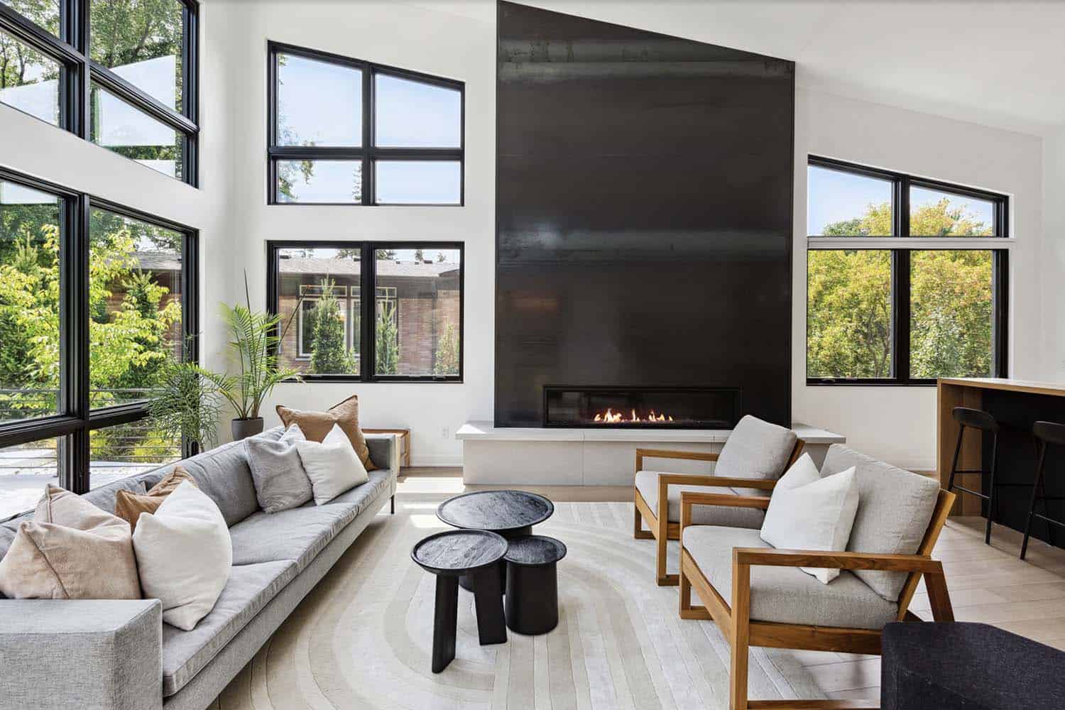 modern living room with a fireplace