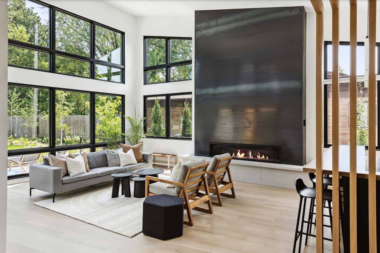modern living room with a fireplace