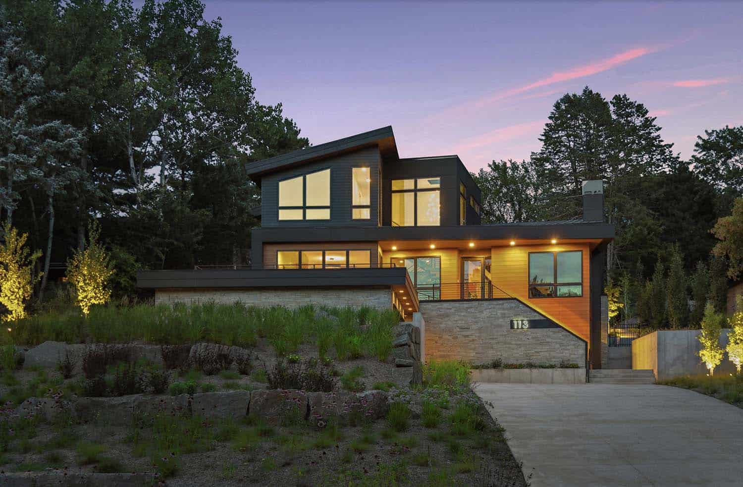 modern home exterior at dusk