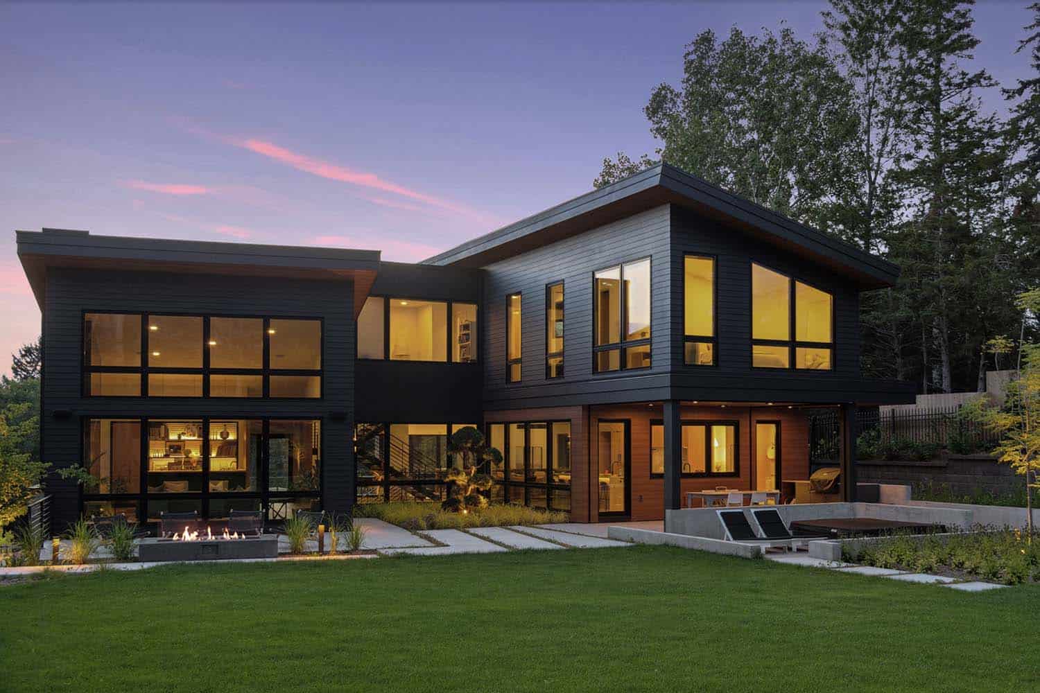 modern home exterior at dusk