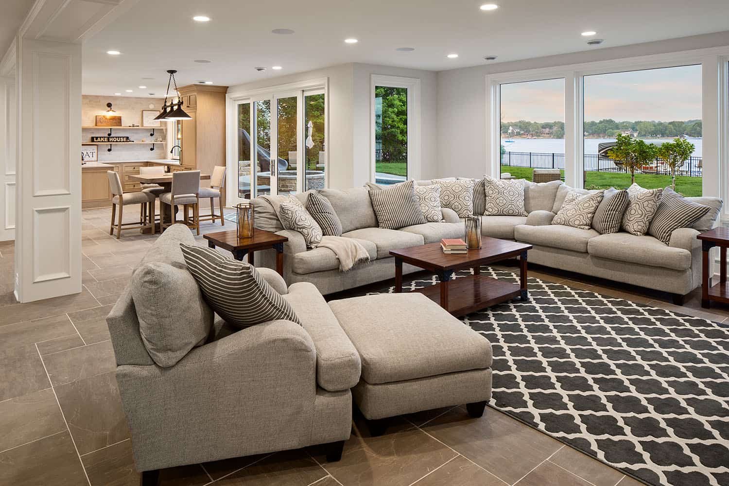 transitional style lower level family room 