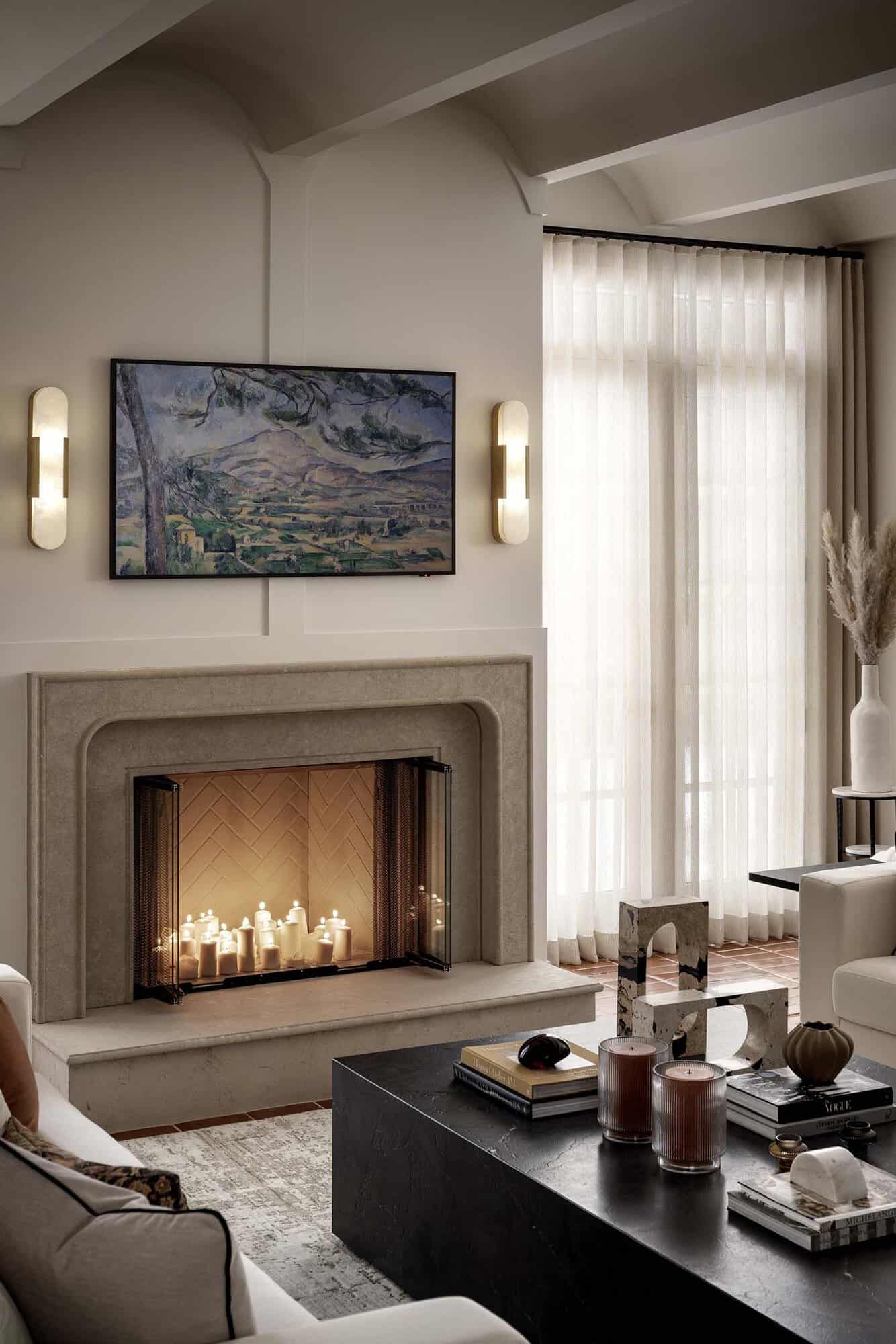 contemporary Tuscan inspired living room with a fireplace