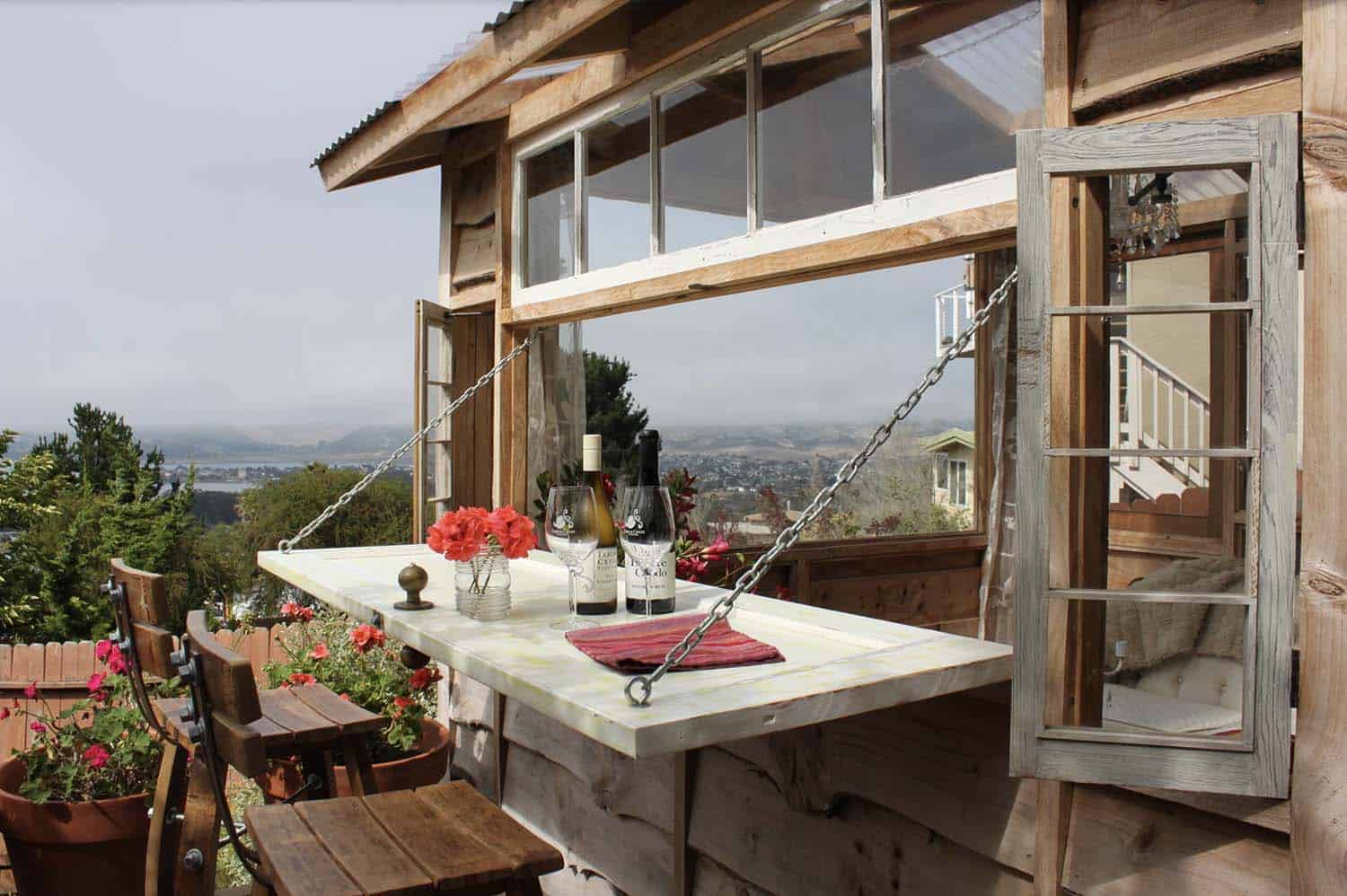 rustic shed exterior with a bar countertop