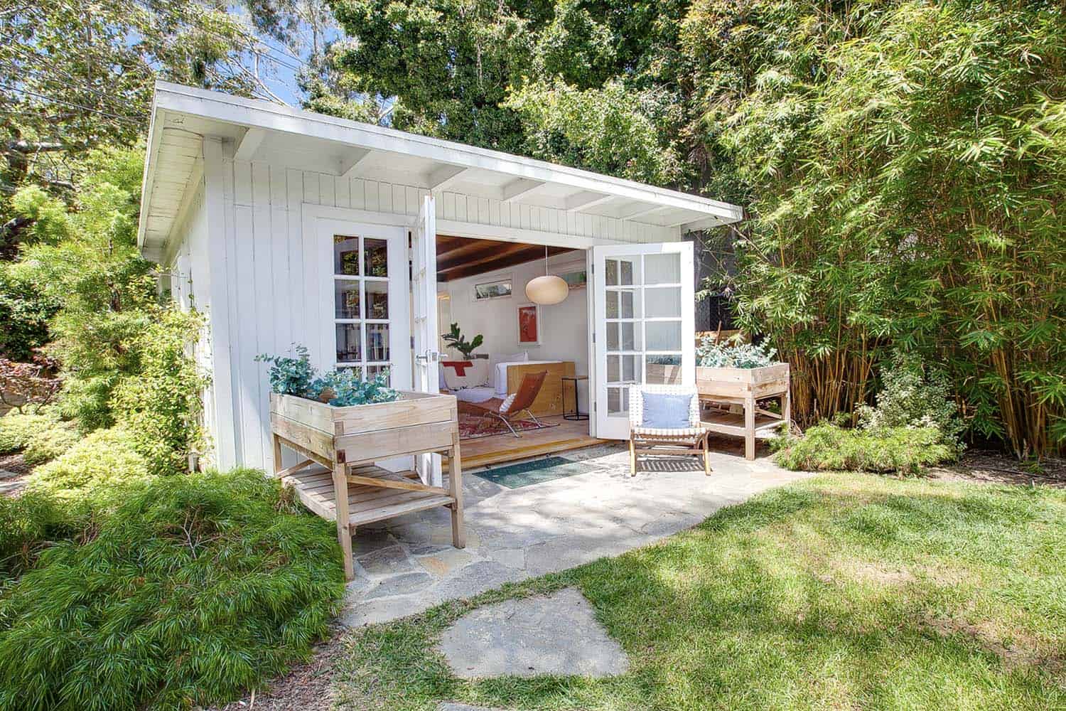 beach-style shed with French doors
