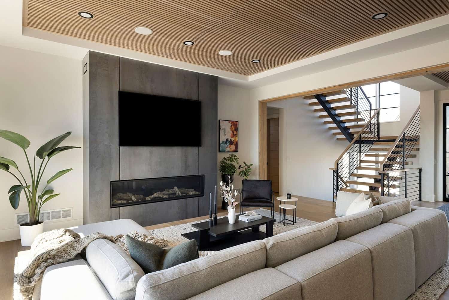 contemporary living room with a fireplace