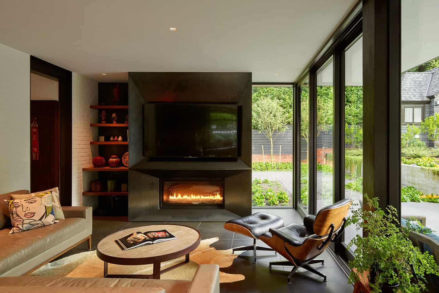 modern living room with a fireplace