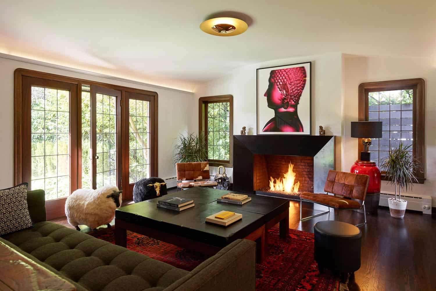 modern living room with a fireplace