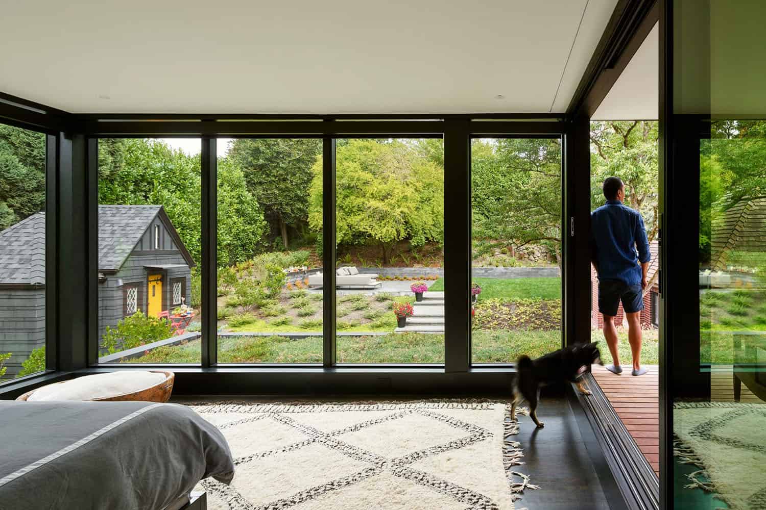 modern bedroom with large windows
