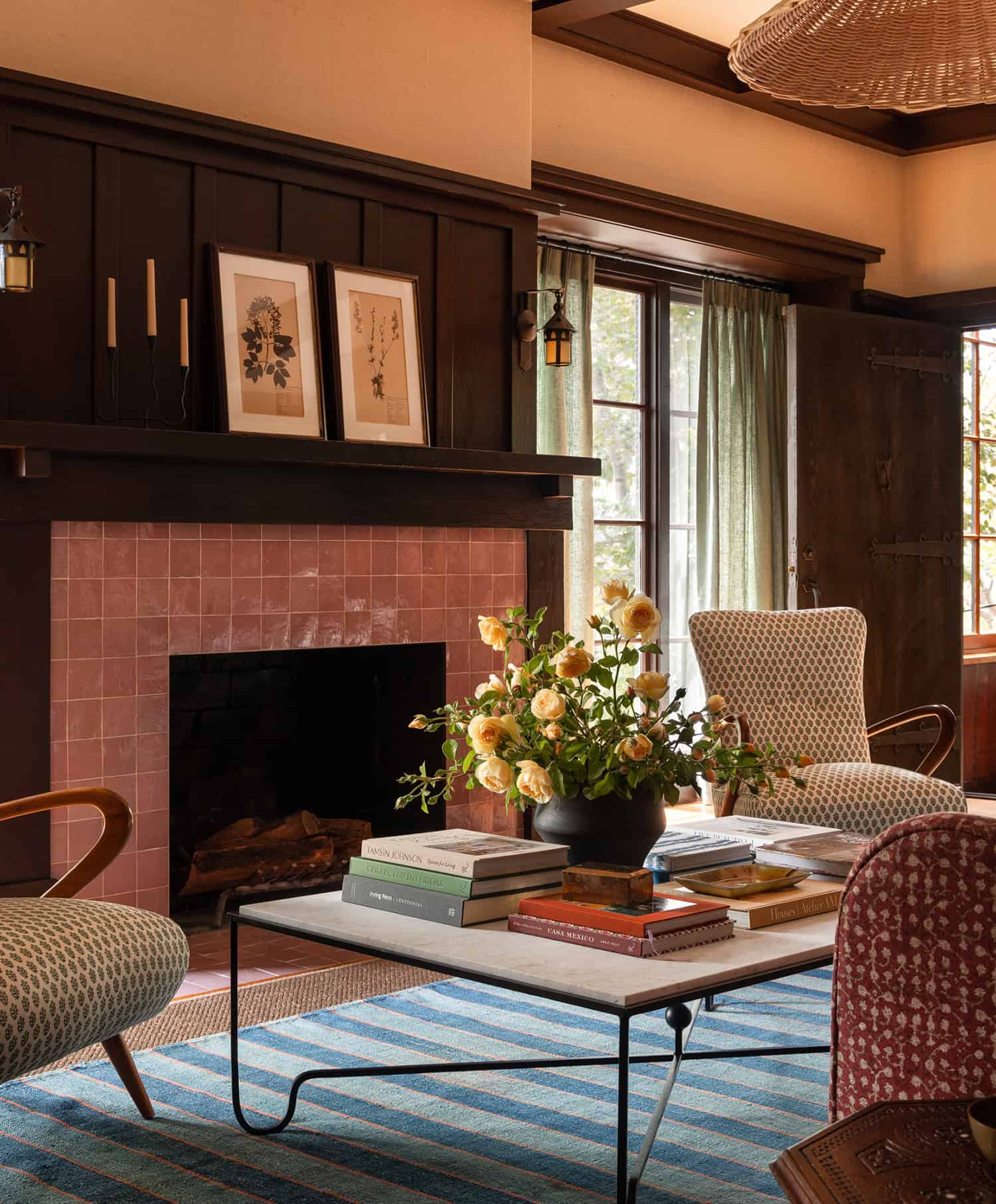 eclectic living room with a brick fireplace