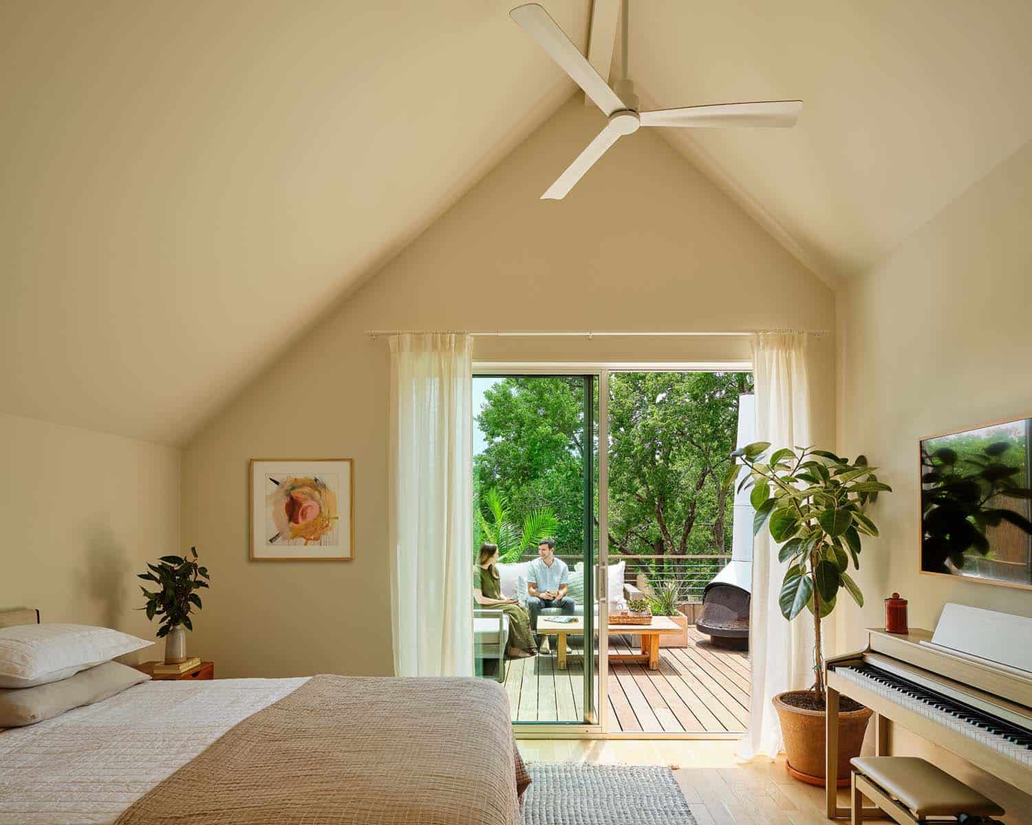 modern bedroom with a vaulted ceiling