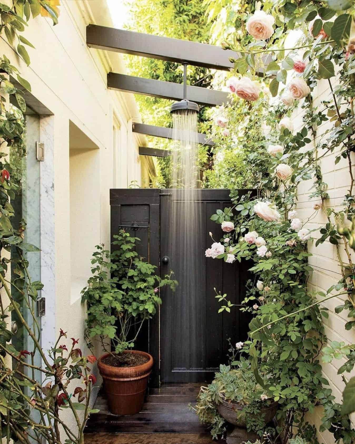 outdoor shower with climbing roses