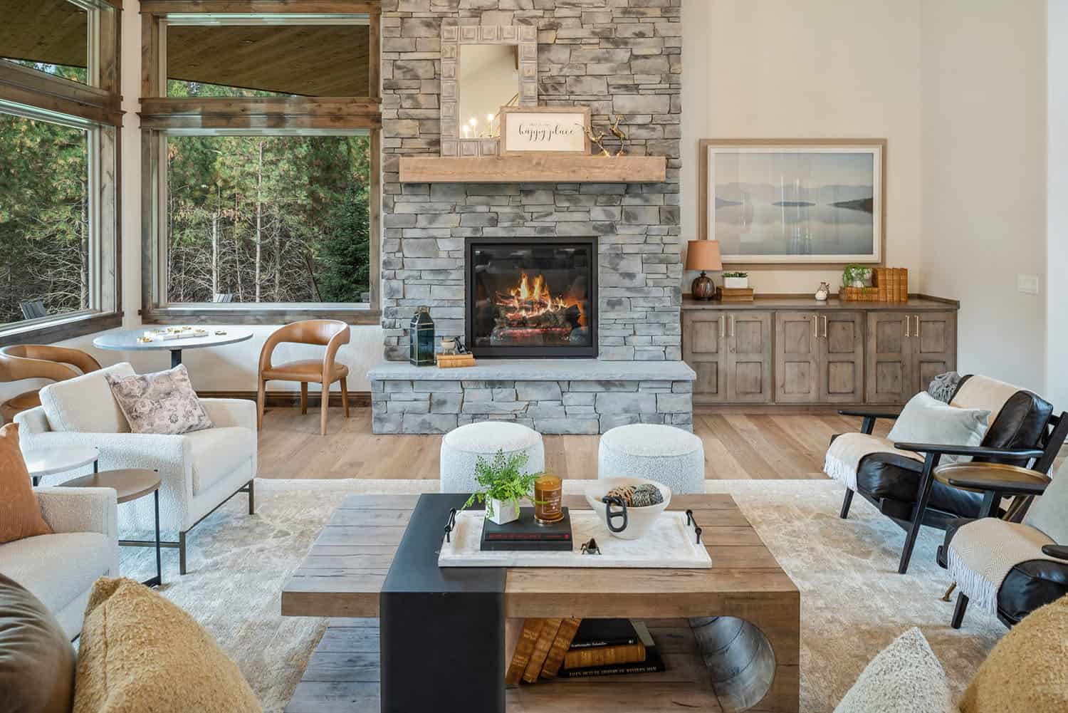 contemporary living room with a fireplace