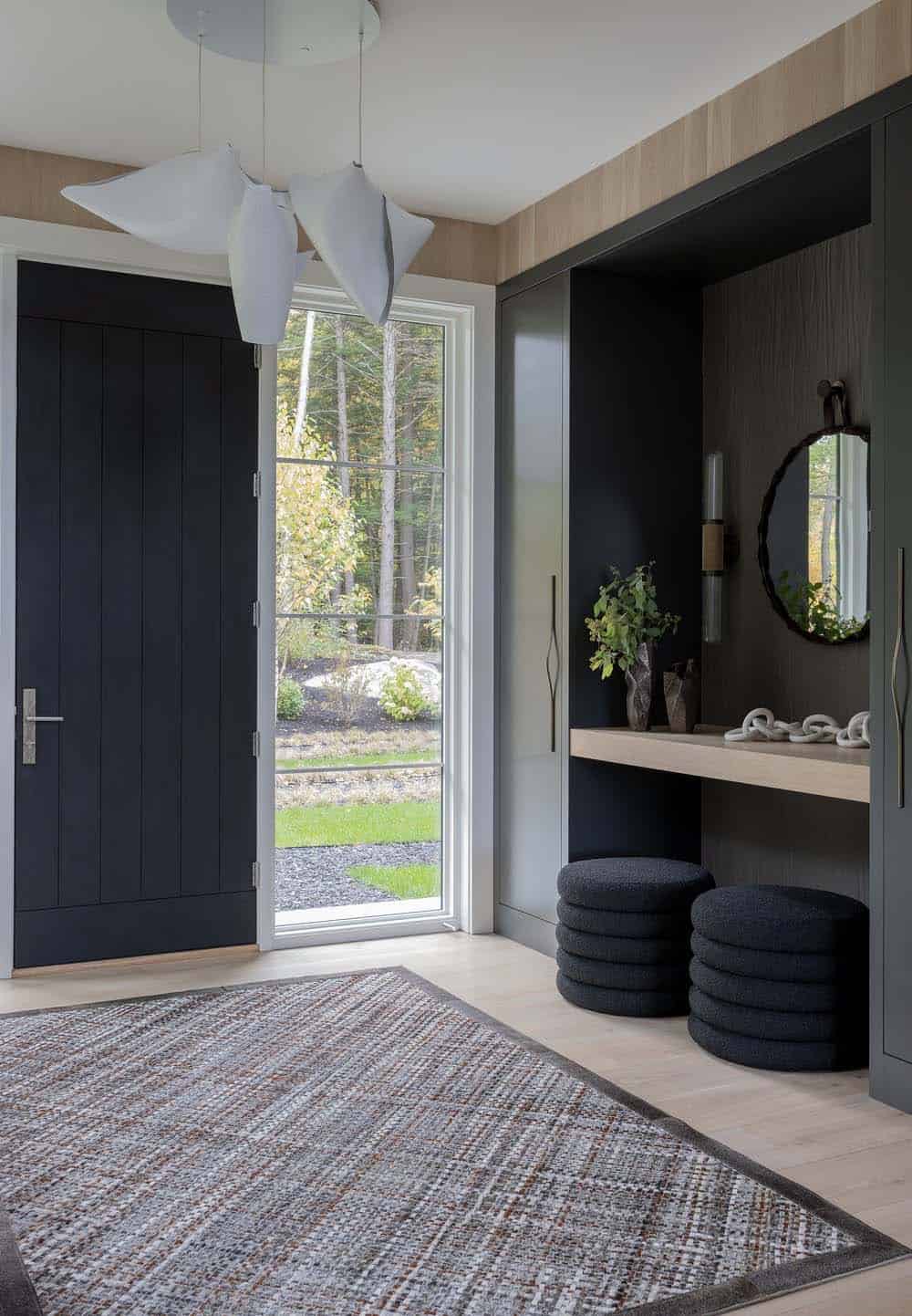 modern farmhouse inspired house entry with a console table