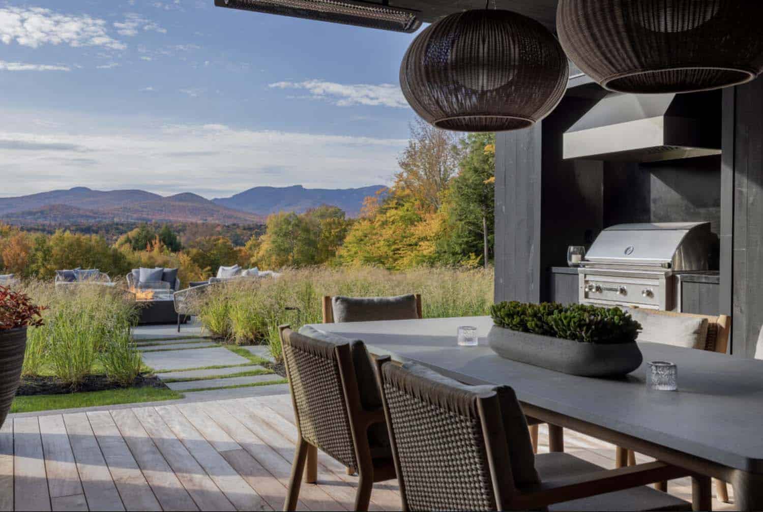 modern covered patio with an outdoor kitchen and alfresco dining