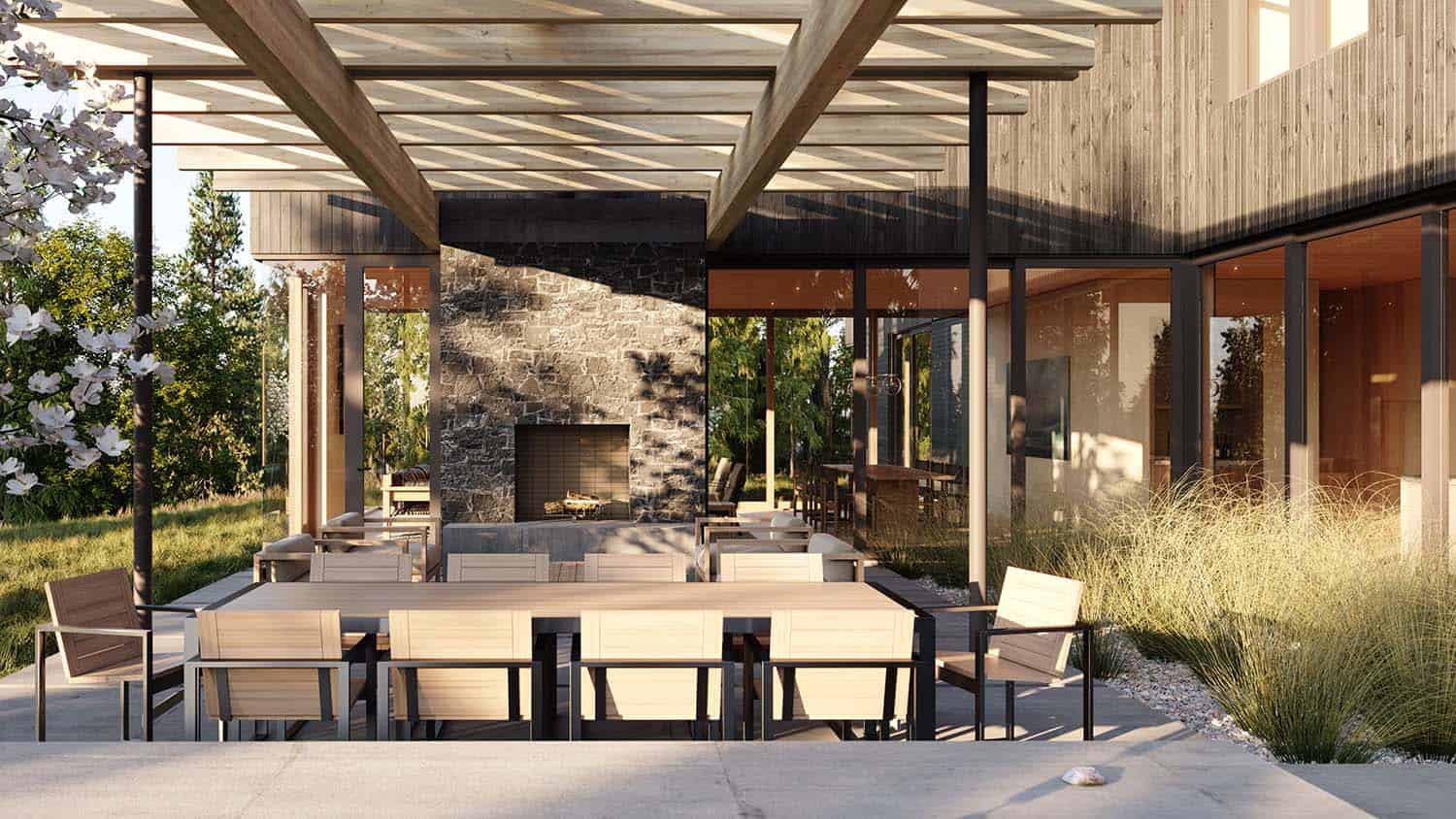 modern hilltop home covered patio with dining and living area and a fireplace