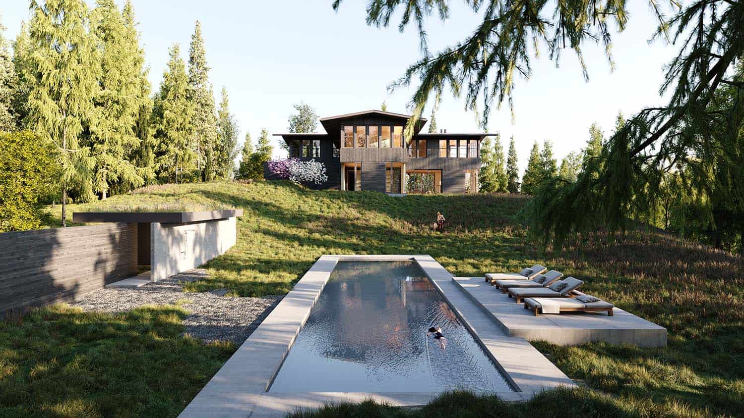 modern hilltop home exterior with a swimming pool