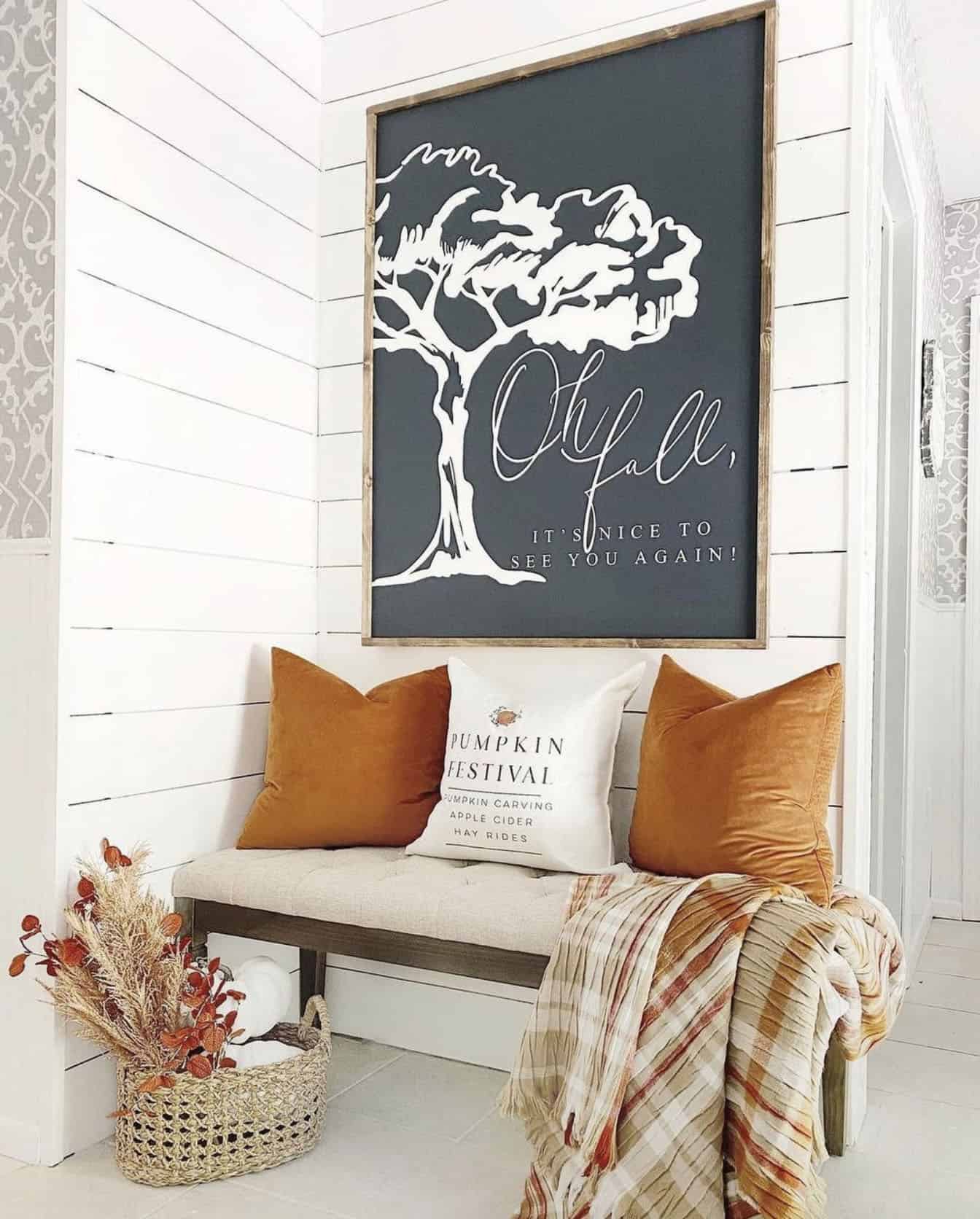 fall-entryway-with-a-bench-pillows-and-fall-sign
