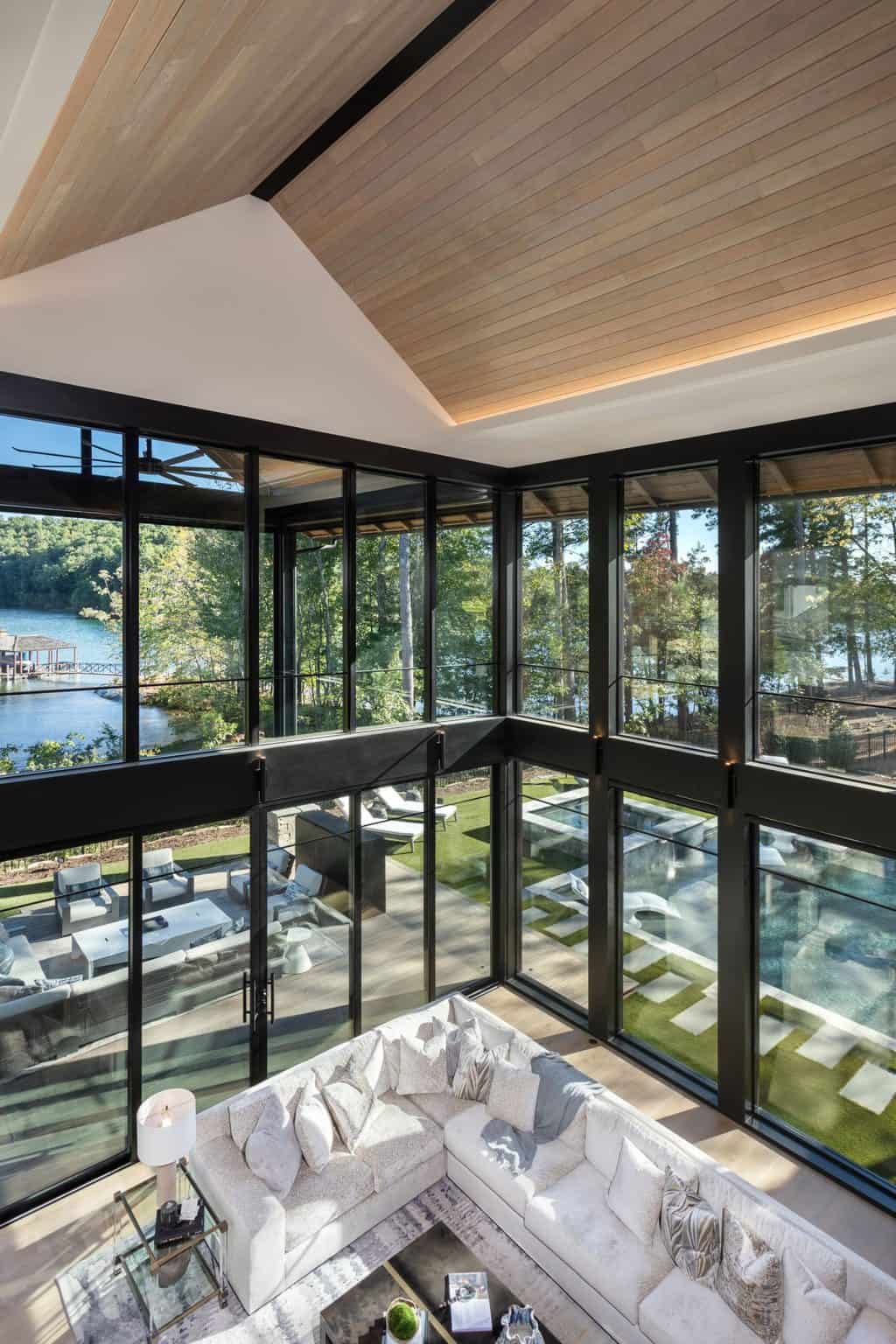 This modern mountain dream home enjoys stunning views of Lake Keowee