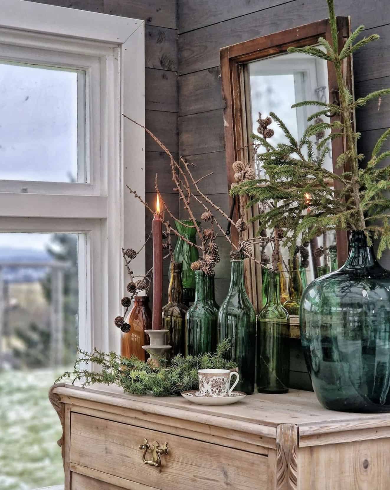 christmas-decorating-with-recycled-green-bottles-and-pine-branches