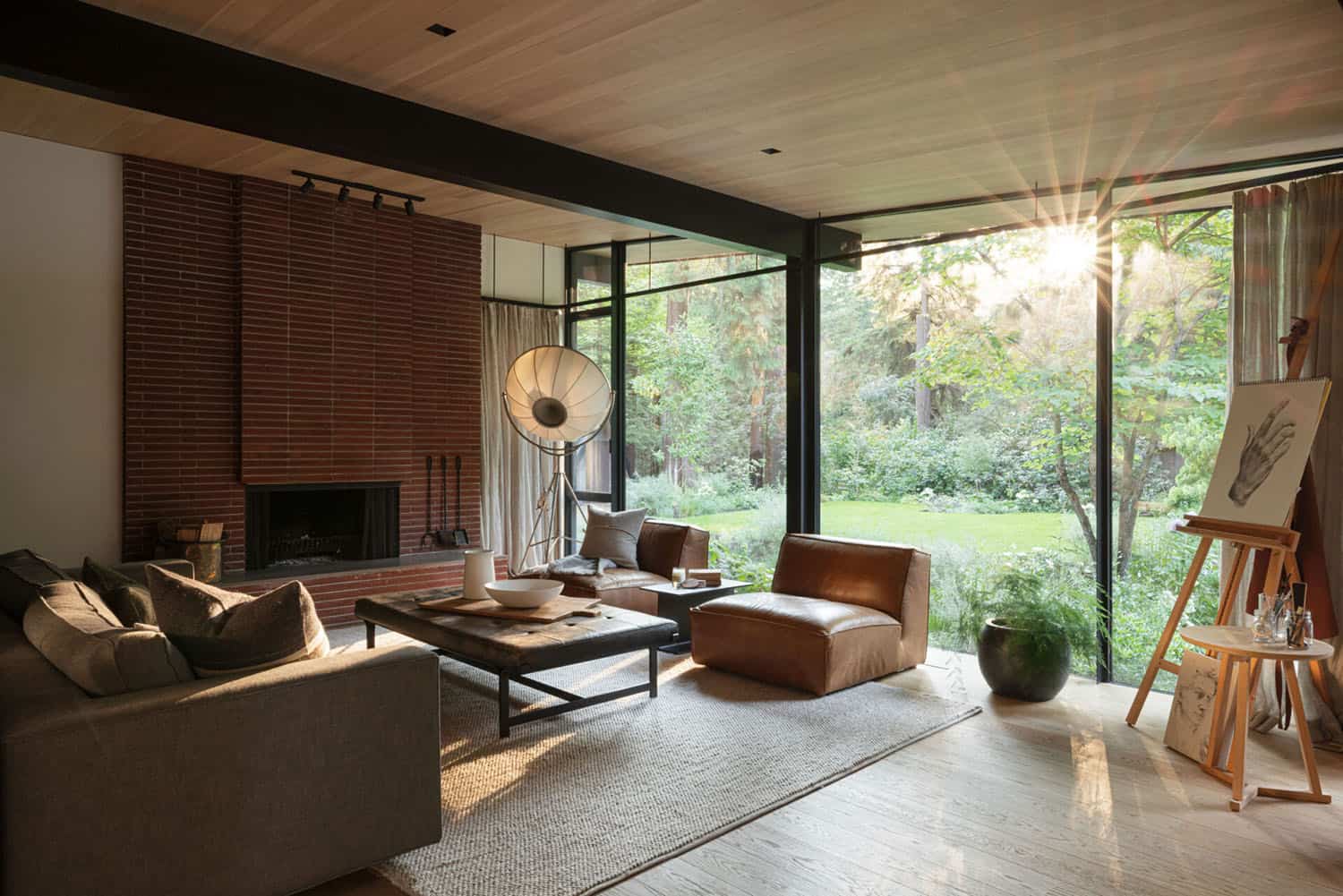 mid-century-modern-living-room-with-a-fireplace