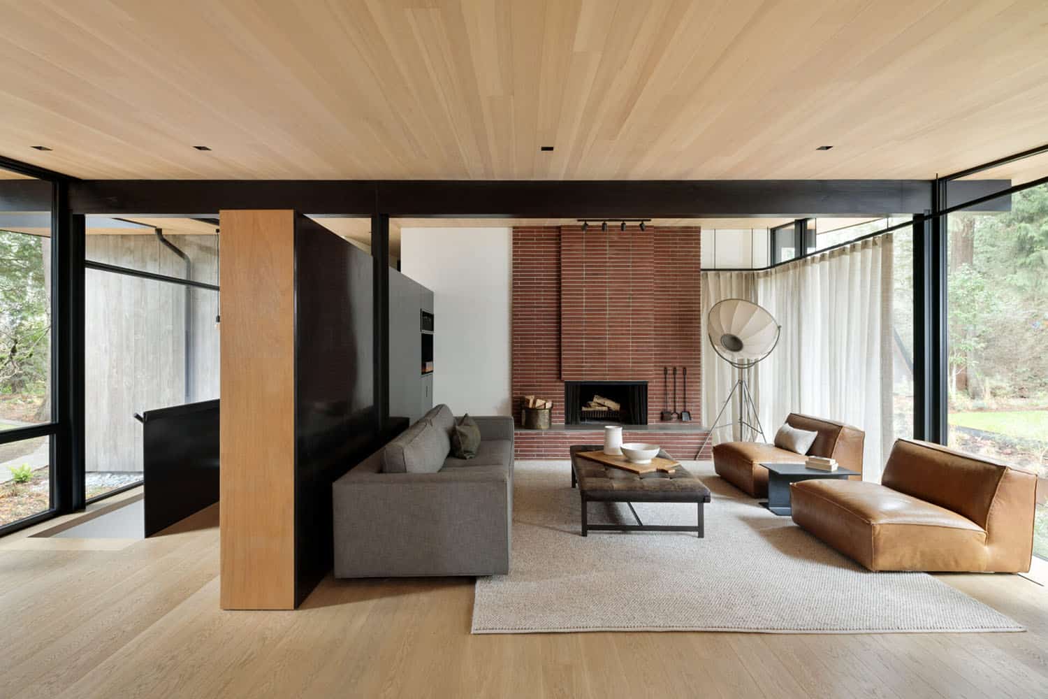 mid-century-modern-living-room-with-a-fireplace