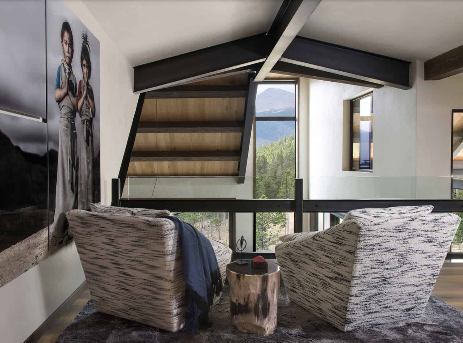 contemporary staircase landing with a sitting area